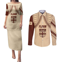 Fiji Bula Couples Matching Puletasi Dress and Long Sleeve Button Shirts Tapa Pattern Design DT02 Beige - Polynesian Pride