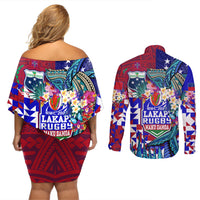 Manu Samoa Rugby 2023 Couples Matching Off Shoulder Short Dress and Long Sleeve Button Shirts Humpback Whale Hexagon Tribal Tropical Style DT02 - Polynesian Pride