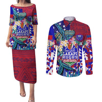 Manu Samoa Rugby 2023 Couples Matching Puletasi Dress and Long Sleeve Button Shirts Humpback Whale Hexagon Tribal Tropical Style DT02 Blue - Polynesian Pride