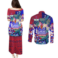 Manu Samoa Rugby 2023 Couples Matching Puletasi Dress and Long Sleeve Button Shirts Humpback Whale Hexagon Tribal Tropical Style DT02 - Polynesian Pride