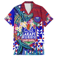 Manu Samoa Rugby 2023 Hawaiian Shirt Humpback Whale Hexagon Tribal Tropical Style DT02 Blue - Polynesian Pride