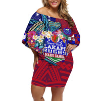Manu Samoa Rugby 2023 Off Shoulder Short Dress Humpback Whale Hexagon Tribal Tropical Style DT02 Women Blue - Polynesian Pride