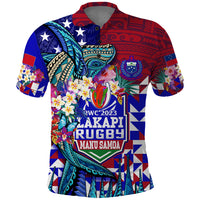 Manu Samoa Rugby 2023 Polo Shirt Humpback Whale Hexagon Tribal Tropical Style DT02 Blue - Polynesian Pride