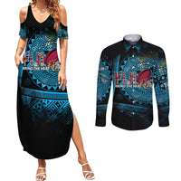 Fiji Rugby Couples Matching Summer Maxi Dress and Long Sleeve Button Shirts Bring The Heat DT02 Blue - Polynesian Pride