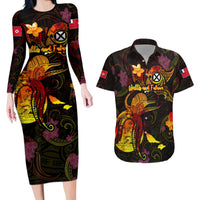 Wallis and Futuna Couples Matching Long Sleeve Bodycon Dress and Hawaiian Shirt Octopus Plumeria Polynesian Tattoo