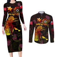 Wallis and Futuna Couples Matching Long Sleeve Bodycon Dress and Long Sleeve Button Shirt Octopus Plumeria Polynesian Tattoo