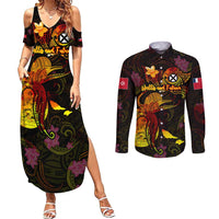 Wallis and Futuna Couples Matching Summer Maxi Dress and Long Sleeve Button Shirt Octopus Plumeria Polynesian Tattoo