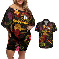 New Caledonia Couples Matching Off Shoulder Short Dress and Hawaiian Shirt Octopus Plumeria Polynesian Tattoo