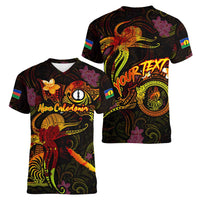 New Caledonia Women V-Neck T-Shirt Octopus Plumeria Polynesian Tattoo