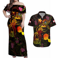Tahiti French Polynesia Couples Matching Off Shoulder Maxi Dress and Hawaiian Shirt Octopus Plumeria Polynesian Tattoo