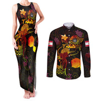 Tahiti French Polynesia Couples Matching Tank Maxi Dress and Long Sleeve Button Shirt Octopus Plumeria Polynesian Tattoo