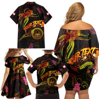 Tahiti French Polynesia Family Matching Off Shoulder Short Dress and Hawaiian Shirt Octopus Plumeria Polynesian Tattoo