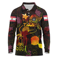 Tahiti French Polynesia Long Sleeve Polo Shirt Octopus Plumeria Polynesian Tattoo