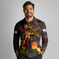 Tahiti French Polynesia Long Sleeve Polo Shirt Octopus Plumeria Polynesian Tattoo