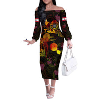 Tahiti French Polynesia Off The Shoulder Long Sleeve Dress Octopus Plumeria Polynesian Tattoo