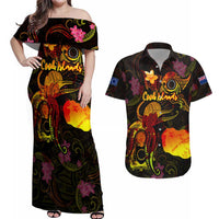 Cook Islands Couples Matching Off Shoulder Maxi Dress and Hawaiian Shirt Octopus Plumeria Polynesian Tattoo