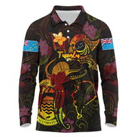 Tuvalu Long Sleeve Polo Shirt Octopus Plumeria Polynesian Tattoo