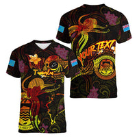 Tuvalu Women V-Neck T-Shirt Octopus Plumeria Polynesian Tattoo