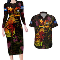 Marshall Islands Couples Matching Long Sleeve Bodycon Dress and Hawaiian Shirt Octopus Plumeria Polynesian Tattoo