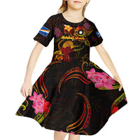Marshall Islands Kid Short Sleeve Dress Octopus Plumeria Polynesian Tattoo