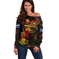 Marshall Islands Off Shoulder Sweater Octopus Plumeria Polynesian Tattoo