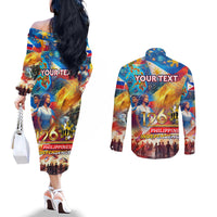 Custom The Philippines 126th Independence Anniversary Couples Matching Off The Shoulder Long Sleeve Dress and Long Sleeve Button Shirt Art Style DT02 - Polynesian Pride