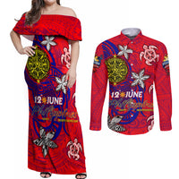 Personalized Philippines 12 June Independence Day Couples Matching Off Shoulder Maxi Dress and Long Sleeve Button Shirt Polynesian Turtle Plumeria DT02 Red - Polynesian Pride