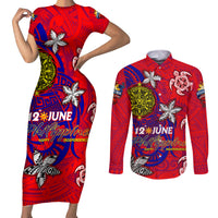 Personalized Philippines 12 June Independence Day Couples Matching Short Sleeve Bodycon Dress and Long Sleeve Button Shirt Polynesian Turtle Plumeria DT02 Red - Polynesian Pride