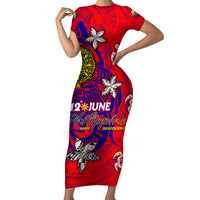 Personalized Philippines 12 June Independence Day Short Sleeve Bodycon Dress Polynesian Turtle Plumeria