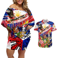 Personalized Philippines Independence Day Couples Matching Off Shoulder Short Dress and Hawaiian Shirt Polynesia Filipinas Eagle Hibiscus DT02 Blue - Polynesian Pride