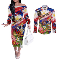 Personalized Philippines Independence Day Couples Matching Off The Shoulder Long Sleeve Dress and Long Sleeve Button Shirt Polynesia Filipinas Eagle Hibiscus DT02 Blue - Polynesian Pride