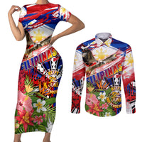 Personalized Philippines Independence Day Couples Matching Short Sleeve Bodycon Dress and Long Sleeve Button Shirt Polynesia Filipinas Eagle Hibiscus DT02 Blue - Polynesian Pride