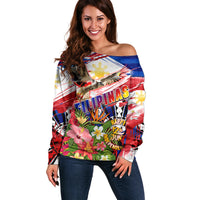 Personalized Philippines Independence Day Off Shoulder Sweater Polynesia Filipinas Eagle Hibiscus DT02 Women Blue - Polynesian Pride