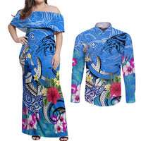 Aloha Hawaii Couples Matching Off Shoulder Maxi Dress and Long Sleeve Button Shirt Dolphins and Fish Hook Hibiscus
