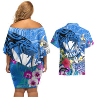 Aloha Hawaii Couples Matching Off Shoulder Short Dress and Hawaiian Shirt Dolphins and Fish Hook Hibiscus