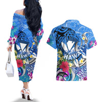 Aloha Hawaii Couples Matching Off The Shoulder Long Sleeve Dress and Hawaiian Shirt Dolphins and Fish Hook Hibiscus
