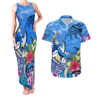 Aloha Hawaii Couples Matching Tank Maxi Dress and Hawaiian Shirt Dolphins and Fish Hook Hibiscus