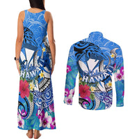 Aloha Hawaii Couples Matching Tank Maxi Dress and Long Sleeve Button Shirt Dolphins and Fish Hook Hibiscus