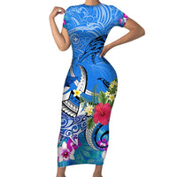 Aloha Hawaii Family Matching Short Sleeve Bodycon Dress and Hawaiian Shirt Dolphins and Fish Hook Hibiscus