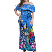 Aloha Hawaii Off Shoulder Maxi Dress Dolphins and Fish Hook Hibiscus