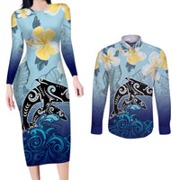 Mother And Baby Dolphins Couples Matching Long Sleeve Bodycon Dress and Long Sleeve Button Shirt Hawaii Hibiscus