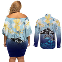 Mother And Baby Dolphins Couples Matching Off Shoulder Short Dress and Long Sleeve Button Shirt Hawaii Hibiscus