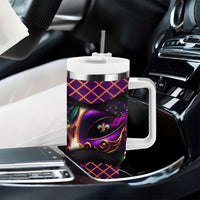 Happy Mardi Gras Tumbler With Handle Mask Feather Colorfull