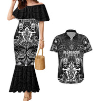 Personalized All Black Couples Matching Mermaid Dress and Hawaiian Shirt New Zealand Rugby Mascot Maori