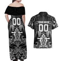 Personalized All Black Couples Matching Off Shoulder Maxi Dress and Hawaiian Shirt New Zealand Rugby Mascot Maori