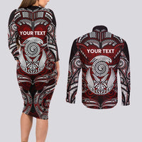 Personalized New Zealand Aotearoa Rugby Couples Matching Long Sleeve Bodycon Dress and Long Sleeve Button Shirt Maori Fern Tattoo Art