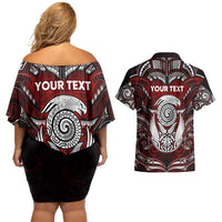Personalized New Zealand Aotearoa Rugby Couples Matching Off Shoulder Short Dress and Hawaiian Shirt Maori Fern Tattoo Art