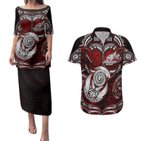 Personalized New Zealand Aotearoa Rugby Couples Matching Puletasi and Hawaiian Shirt Maori Fern Tattoo Art