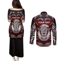 Personalized New Zealand Aotearoa Rugby Couples Matching Puletasi and Long Sleeve Button Shirt Maori Fern Tattoo Art