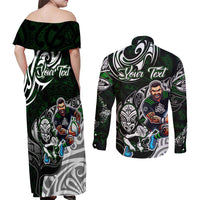 Personalized NZ Aotearoa Rugby Couples Matching Off Shoulder Maxi Dress and Long Sleeve Button Shirt New Zealand Silver Fern